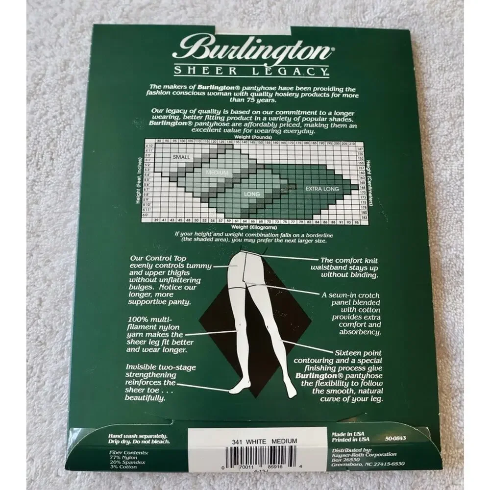 Burlington Sheer Legacy Pantyhose Tummy Hip Control Size Medium White T14